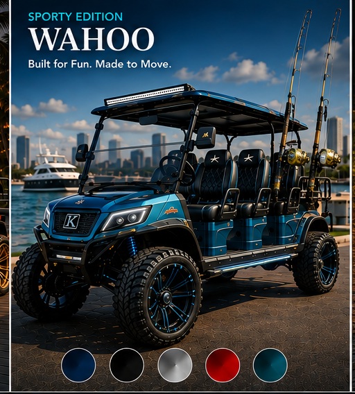 Kingfish Custom Sporty Edition Wahoo concept vehicle with saltwater fishing rods at a marina